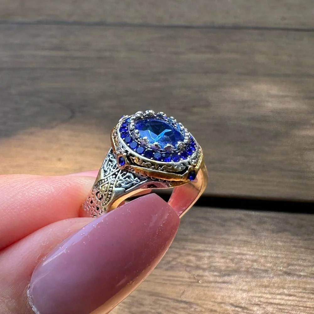 Unisex Silver Plated Blue Topaz Simulation Ring Size 11